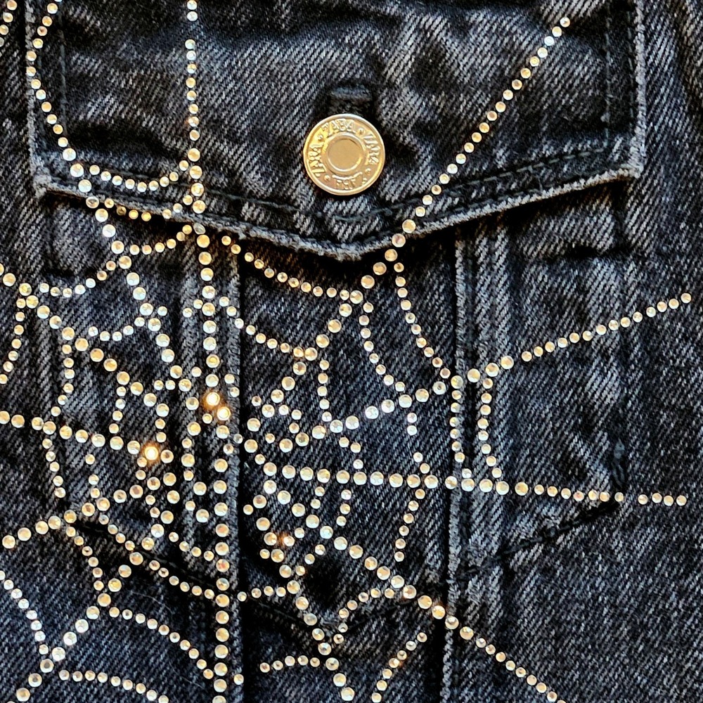 Zara Black Rhinestone Spiderweb Cropped Denim Jacket Goth Alt Y2K Medium - Picture 5 of 8